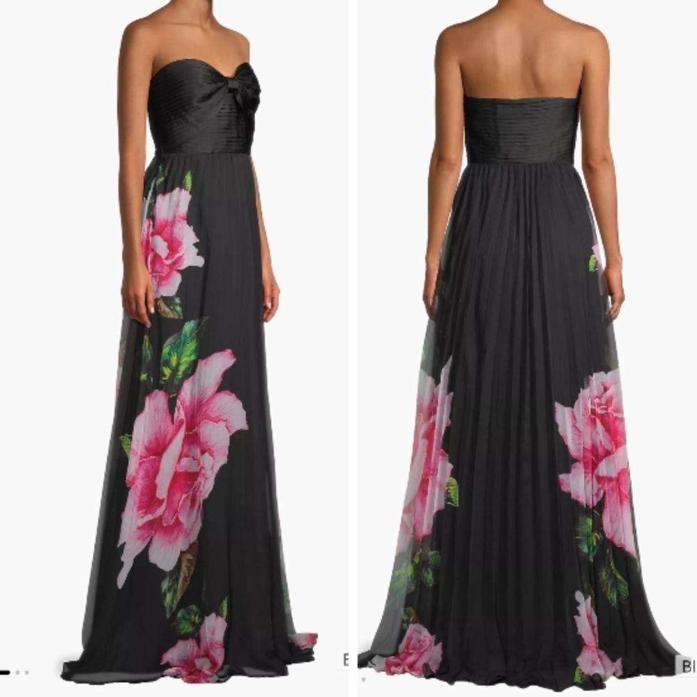 One33 Social Strapless Dress Women's 2 Black Pink Floral Gown Sparkle 7
